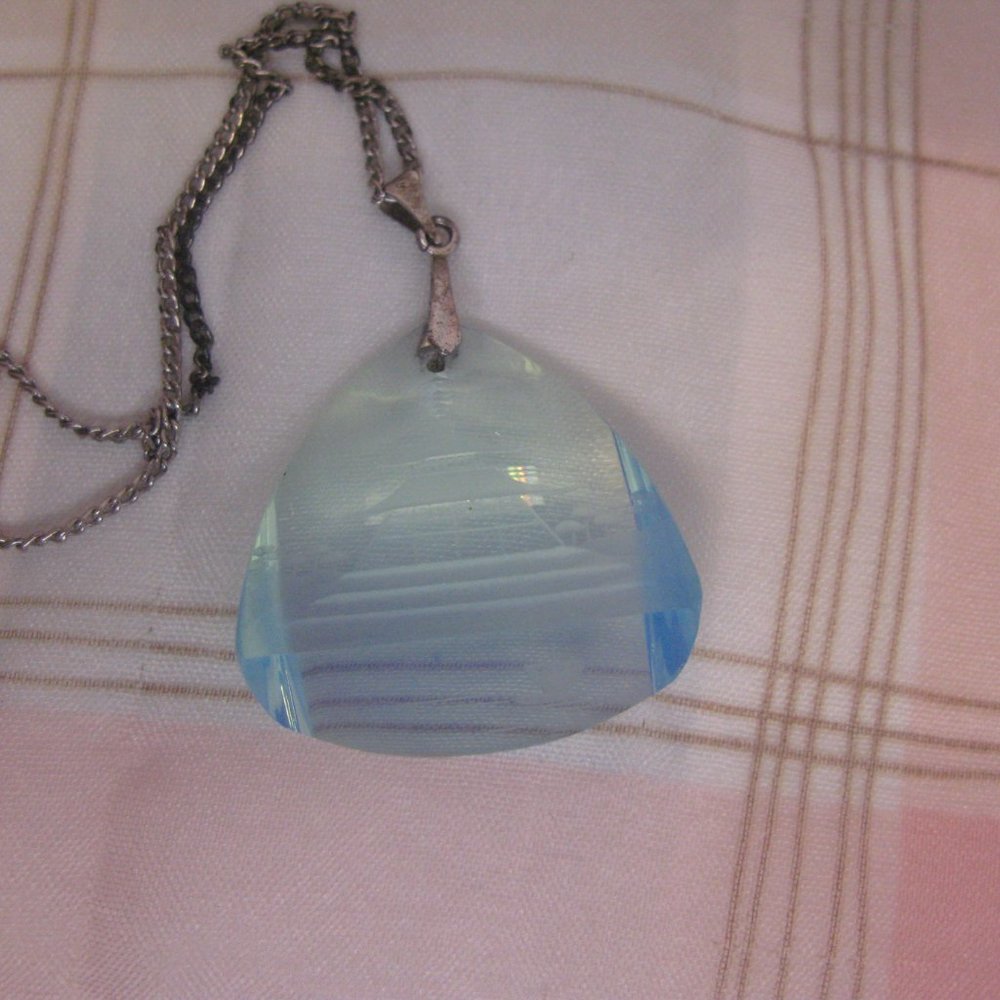 Vintage Moonstone Glass Reverse Carved Pendant Sterling Silver Necklace Japan - Picture 8 of 8